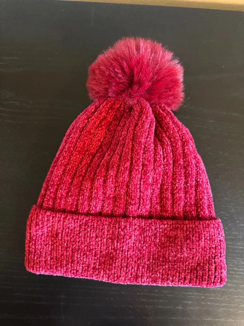 Cranberry Red Chenille Ribbed Knit Beanie Faux Fur Pom Pom Winter Hat OS